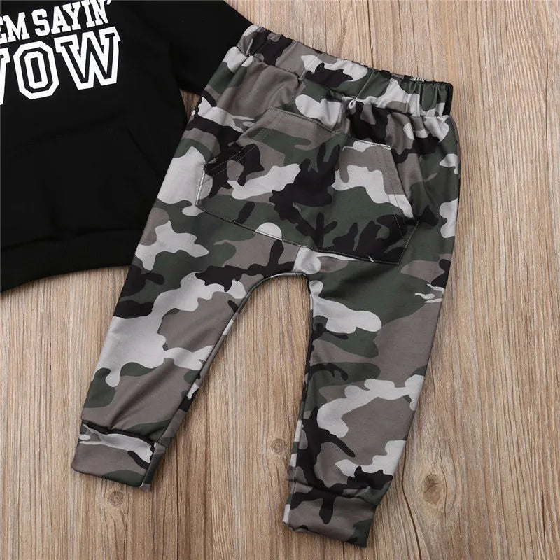 Black Letter Boys Hooded Sweater Camouflage Pants Set