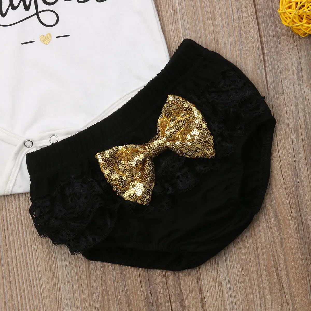 3PCS Girl Tops Bodysuit Shorts Pants Set, “daddy’s princess”