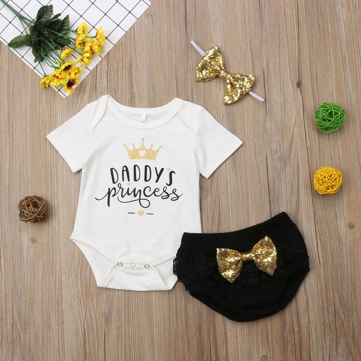 3PCS Girl Tops Bodysuit Shorts Pants Set, “daddy’s princess”