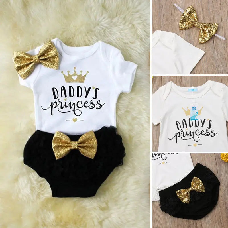 3PCS Girl Tops Bodysuit Shorts Pants Set, “daddy’s princess”