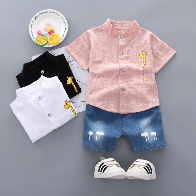 Boys Shirt Cartoon Tops and Denim Shorts Set