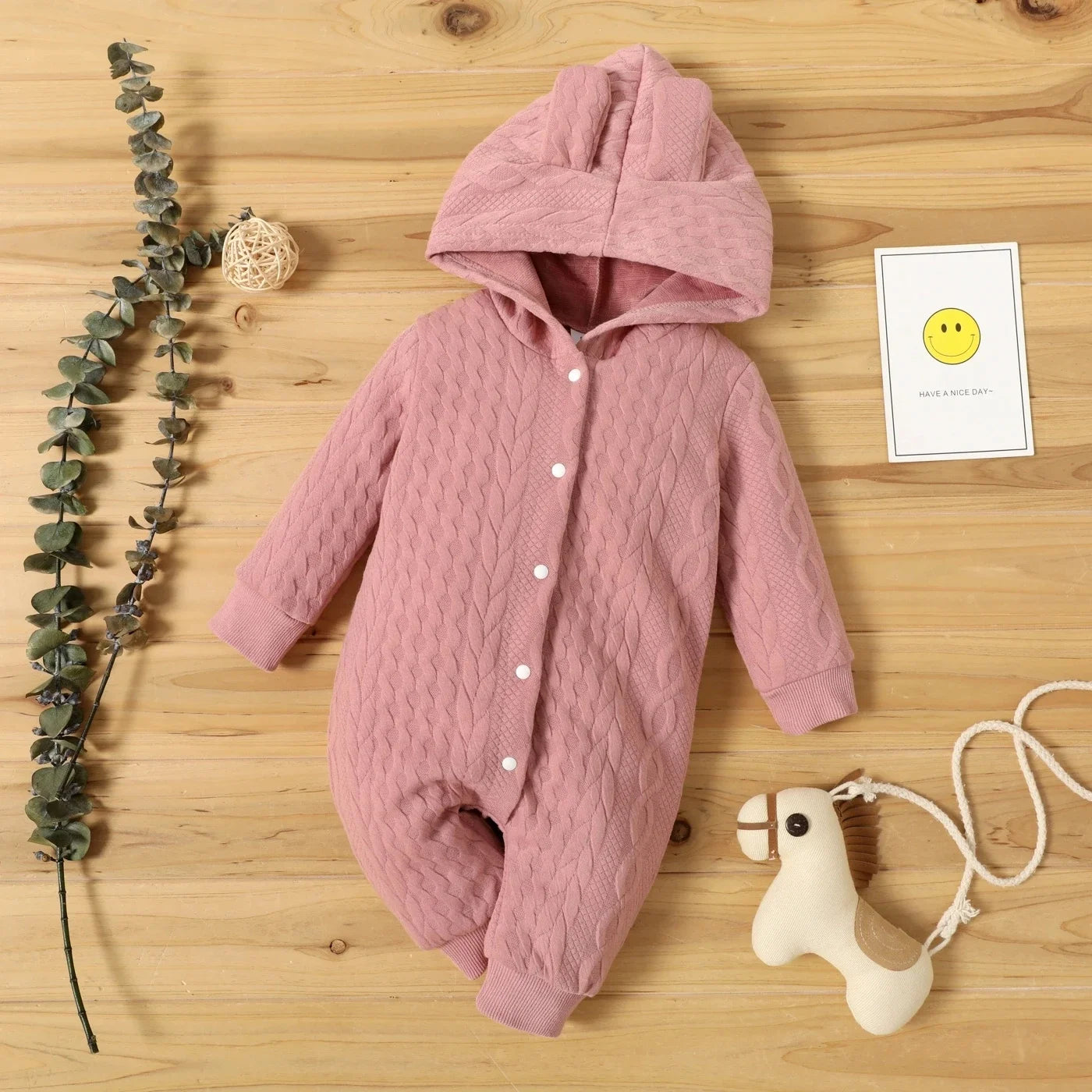 Baby Romper Cute Ears Solid Hooded Long Sleeve Baby Bodysuit