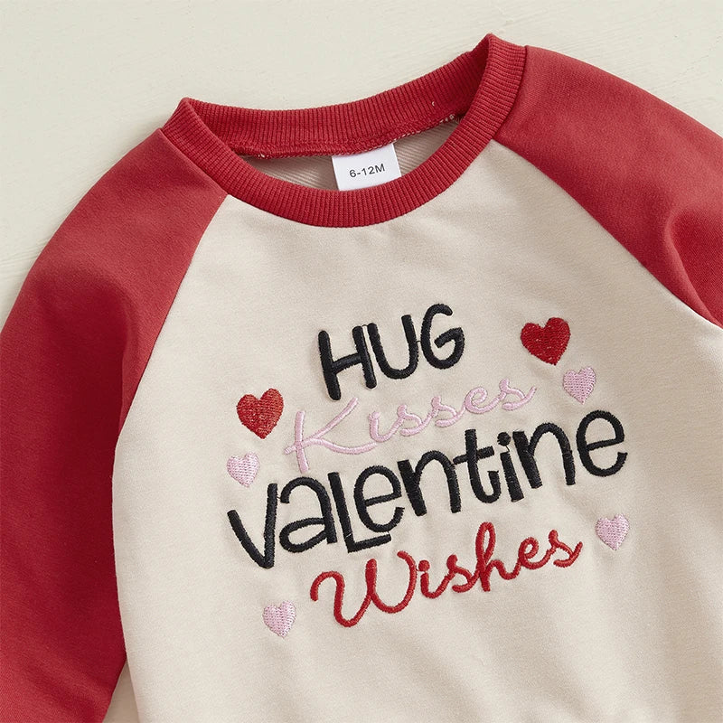 Long Sleeve Embroidery Letters Heart Sweatshirt with Sweatpants Valentine’s Day Outfit