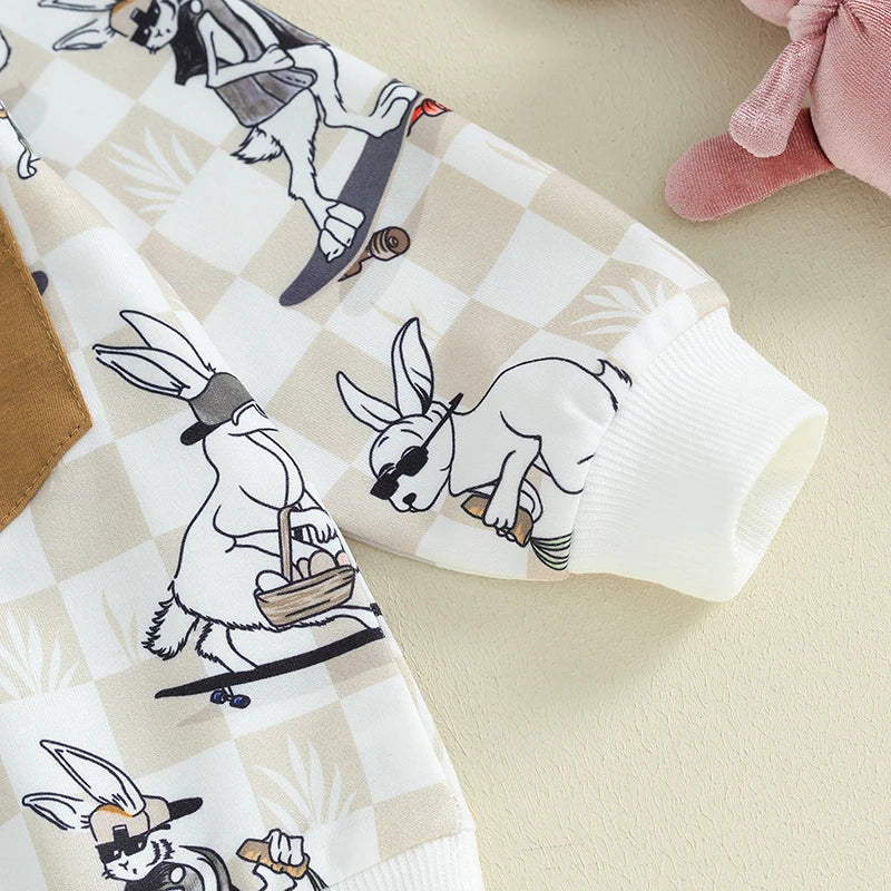 Toddler Boys Easter Day Sets Long Sleeve Bunny Print Tops and Drawstring Pants Sets