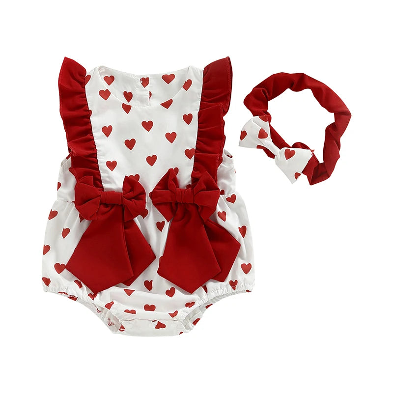 Sleeveless Bow Front Heart Print Romper with Headband