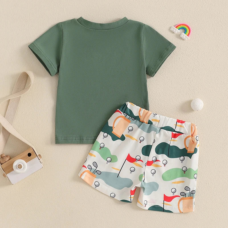 Short Sleeve T-shirt Golf Print and Elastic Waist Shorts 2PCS Summer Set