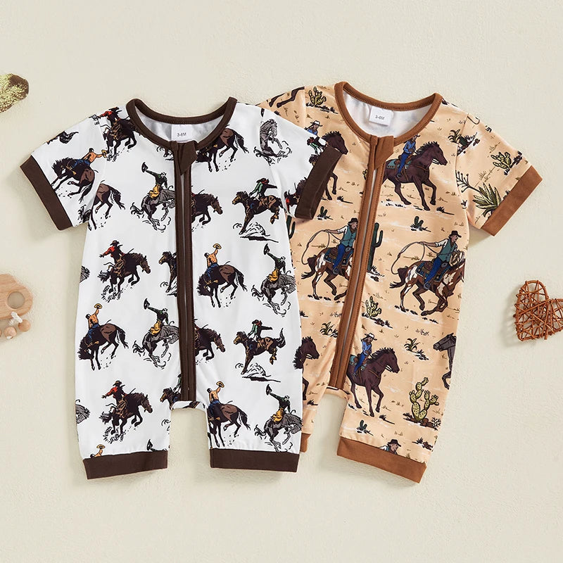 Boy Western Short Sleeve Round Neck Horse Print Jumpsuit