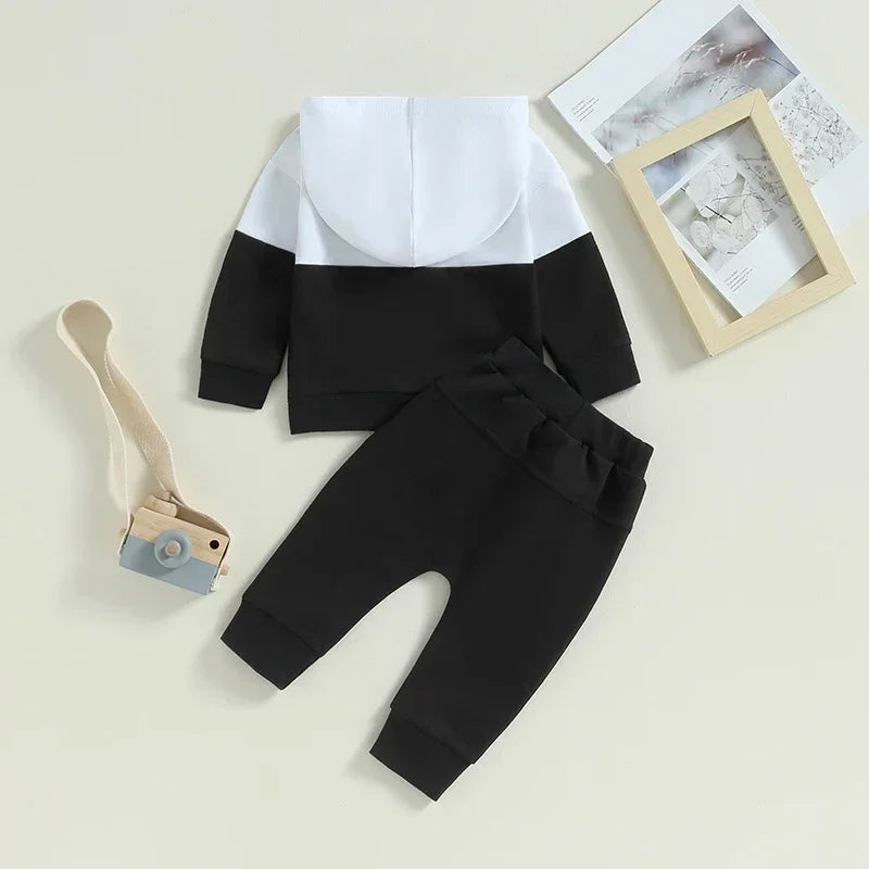 Long Sleeve Contrast Color Hoodie Tops Drawstring Pants Outfits