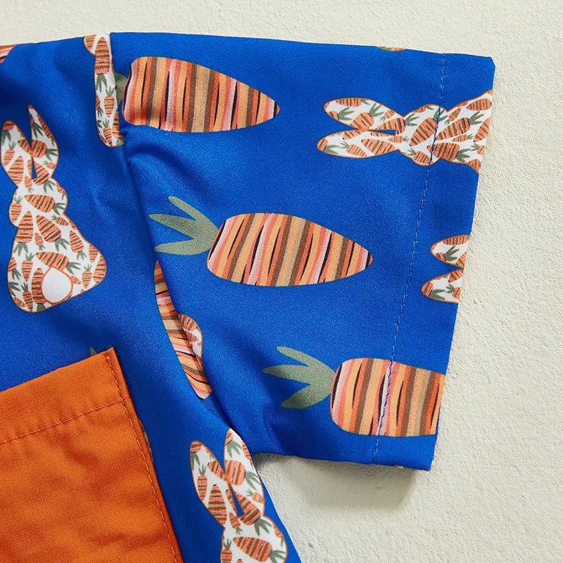 Boys Easter Outfits Bunny Carrot Pattern Collar Short Sleeve Shirt with Shorts 2 Pcs Set