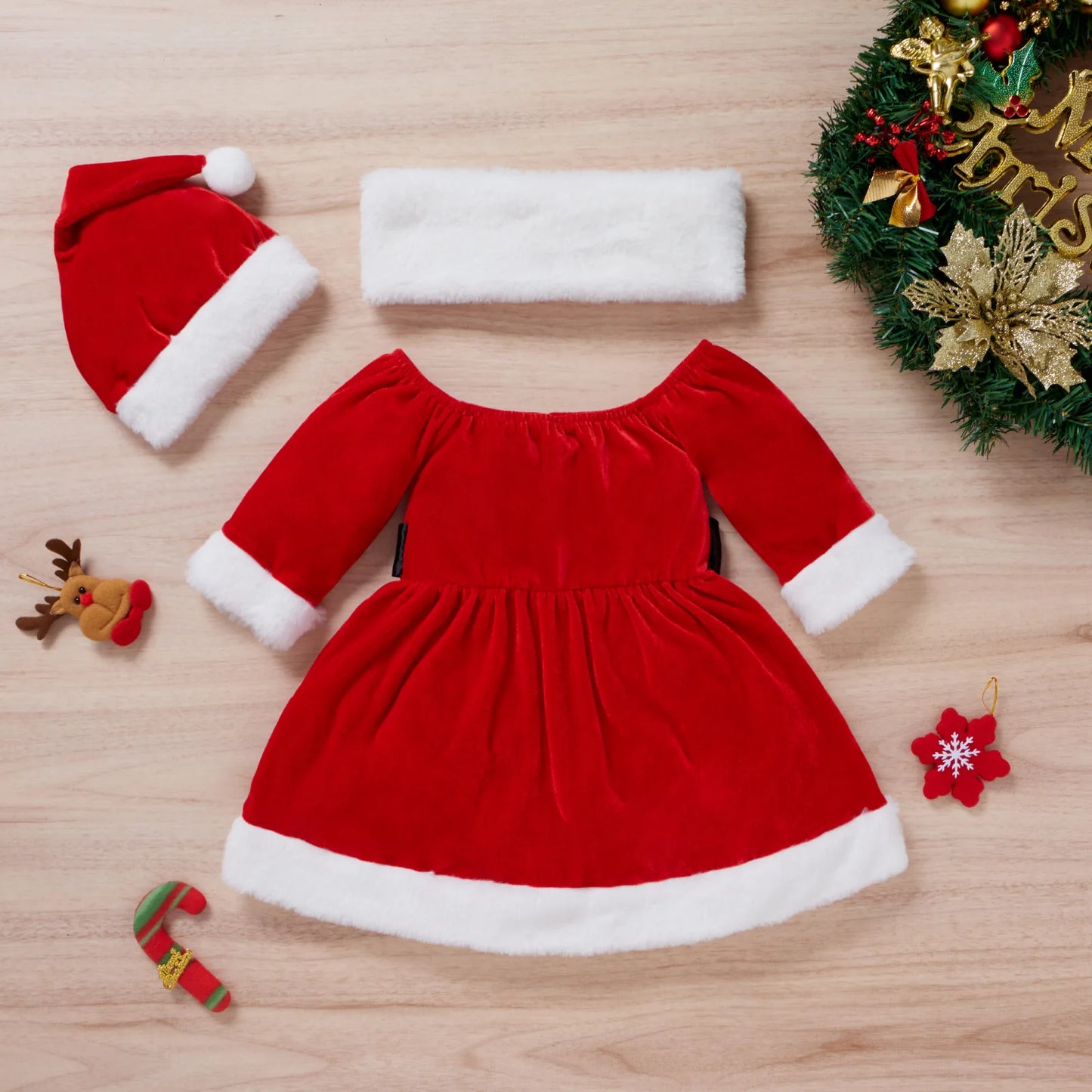 Christmas Claus Red Santa dress + Hats 2pcs Cotton Outfit