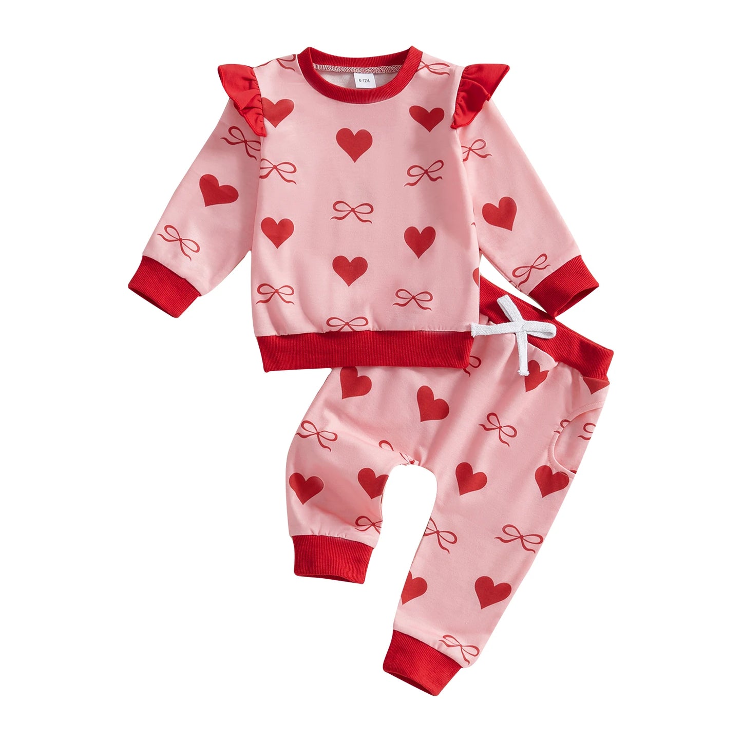 Bow /Heart Print Ruffle Long Sleeve Sweatshirt and Elastic Pants 2 Piece set