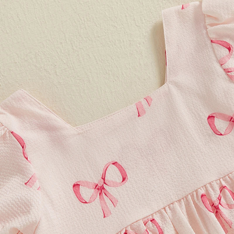 Girls Dress Bowknot Print Sqaure Neck Short Sleeve Casual Dress