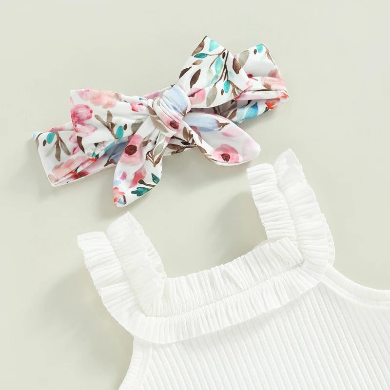 Baby Girls Shorts Set Sleeveless Romper Flower/Rainbow/ Print Shorts Hairband