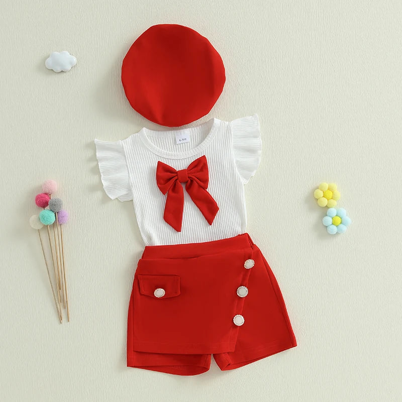 Baby Girl 3Pcs Summer Outfits Ruffle Sleeve Bow Tops + Shorts + Hat Set Toddler Clothes