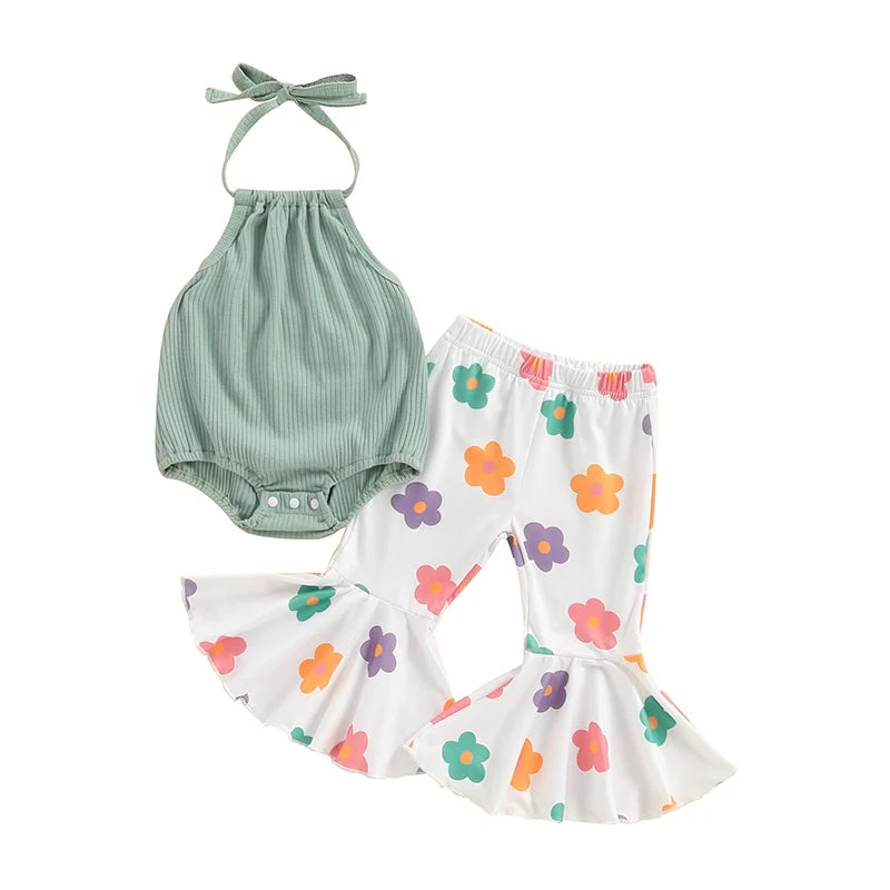 Girl Summer Outfits Tie-Up Halter Neck Sleeveless Rompers Flower Print Flared Pants 2Pcs