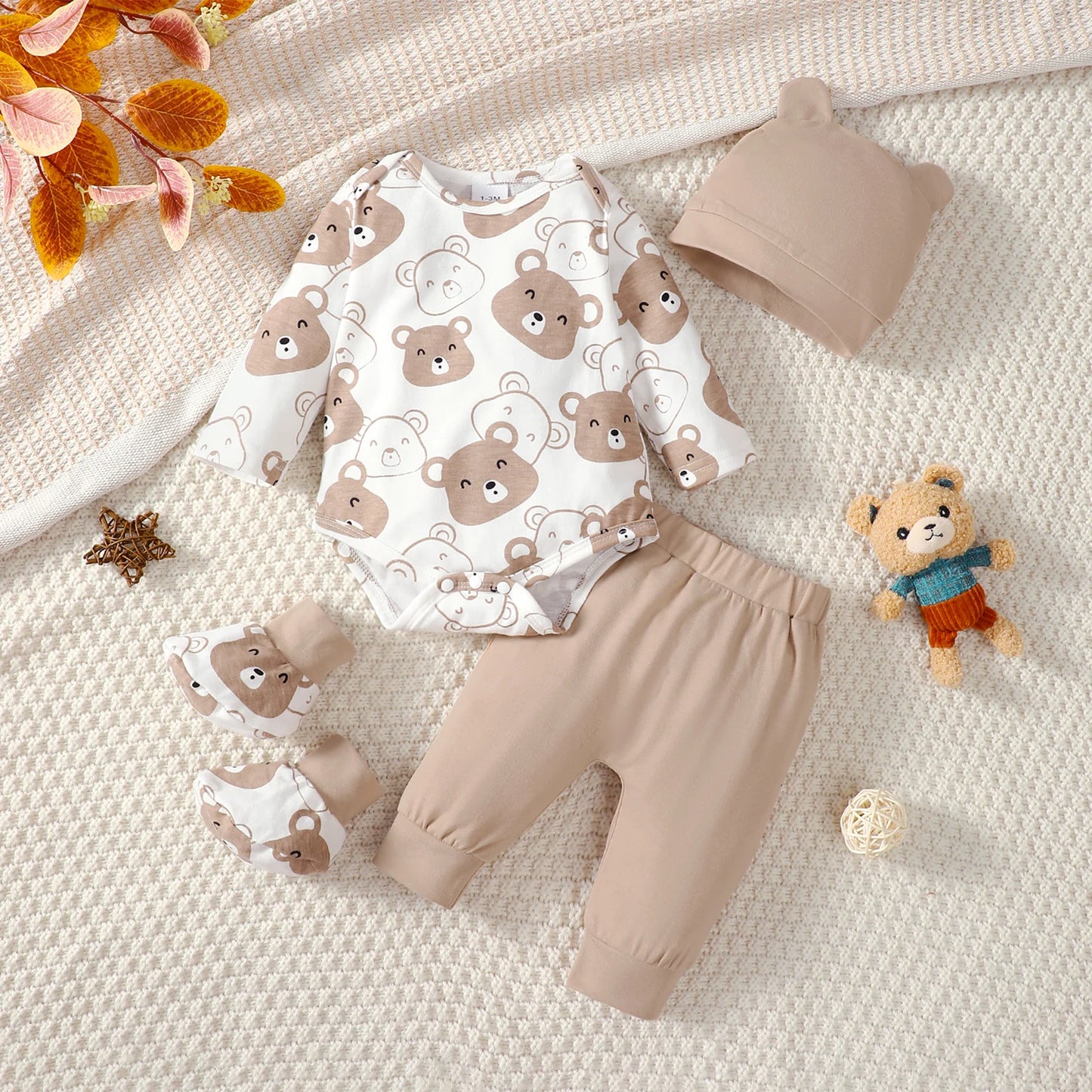 Little Bear Long Sleeve Bodysuit+Pants+Hat+Socks 4pcs/Set