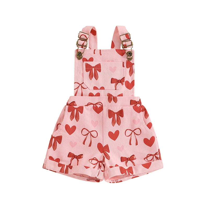 Girl Suspender Shorts Bow Heart Print Sleeveless Overalls
