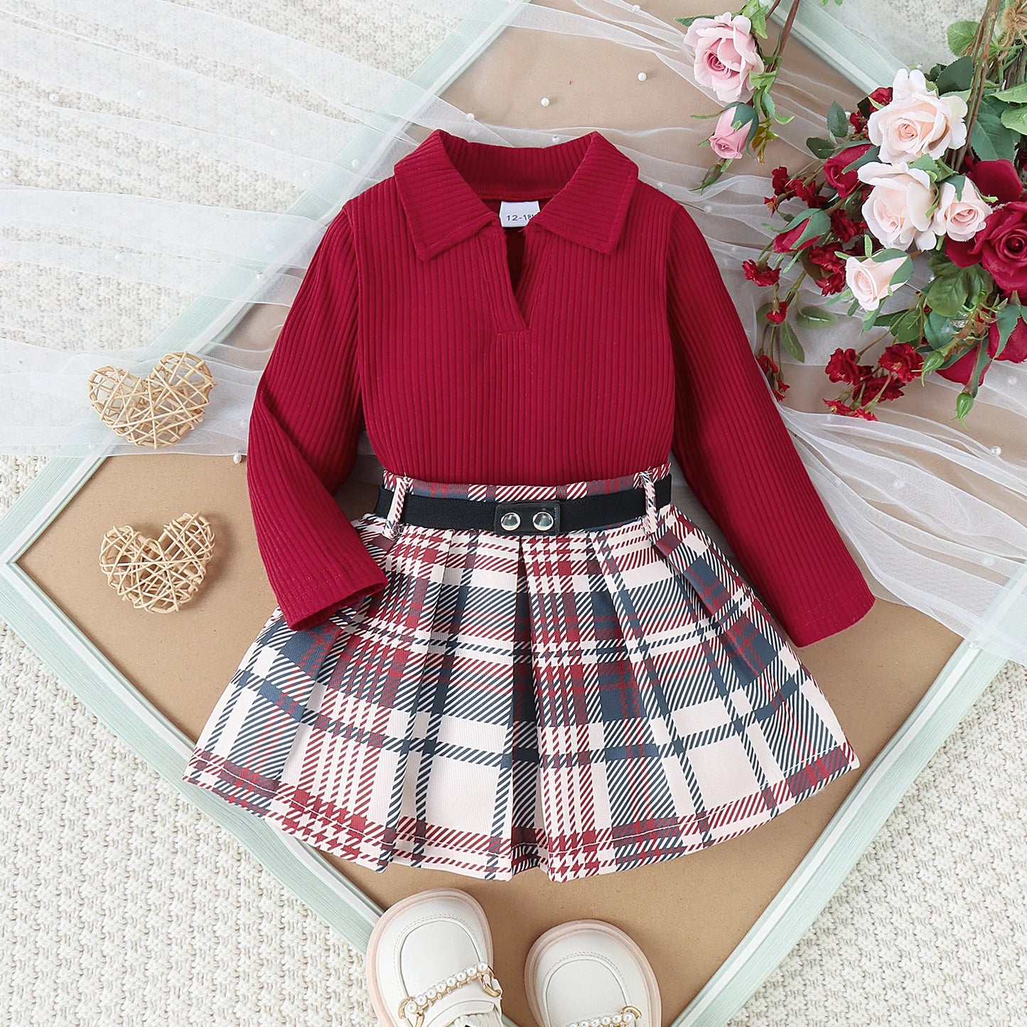 3PCS Autumn New Style 1-5 Year Old Middle And Middle School Girls Fashion College Style Solid Color Pit Top + Plaid Skirt Set