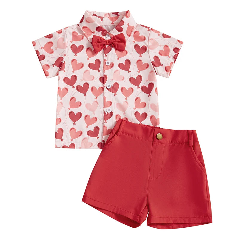 Toddler Baby Boy Valentine's Day Outfits Button Up Short Sleeve Shirt and Shorts
