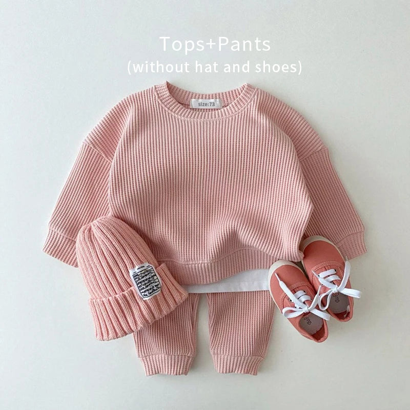 Waffle Cotton Kids Loose Tracksuit Pullovers Tops+Pants 2PCS Set