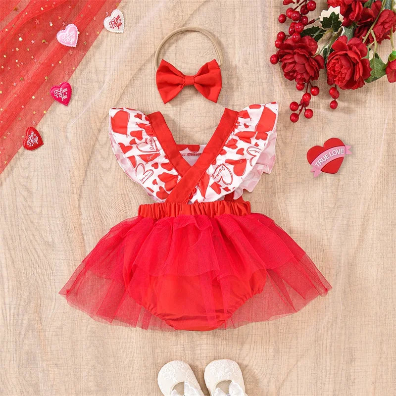 Valentine’s Day Outfits Ruffle Sleeveless Heart Print Romper Dress with Headband Set