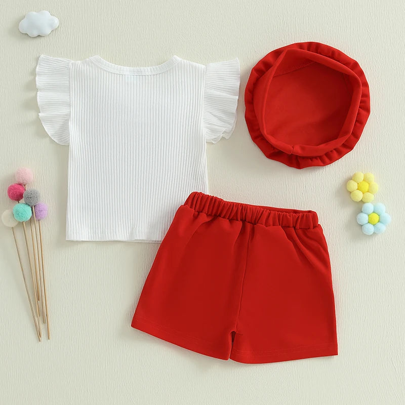 Baby Girl 3Pcs Summer Outfits Ruffle Sleeve Bow Tops + Shorts + Hat Set Toddler Clothes