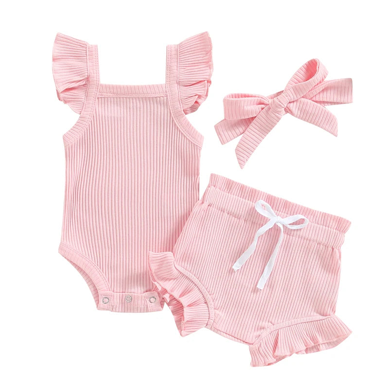 Girls 3Pcs Summer short sleeve top and ruffled shorts