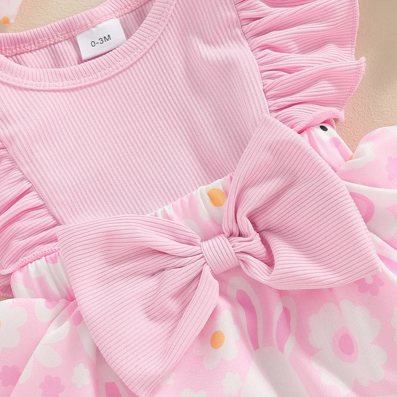 Ruffle Bunny Floral Romper Dress with Headband