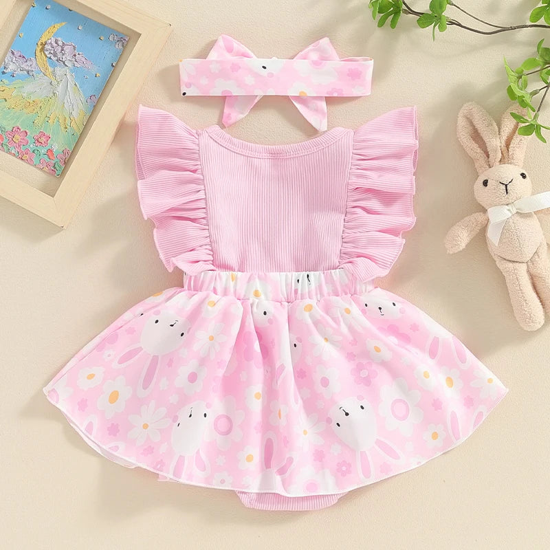 Ruffle Bunny Floral Romper Dress with Headband