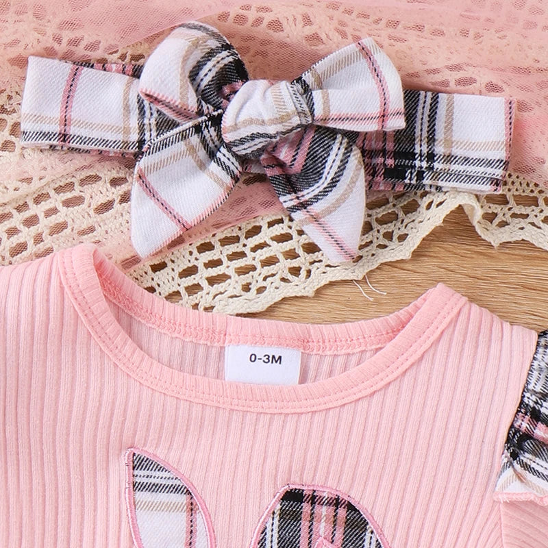 Short Sleeve Bunny Romper with Belted Plaid Skirt