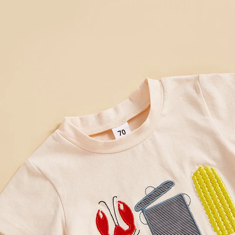 Short Sleeve Embroidery T-shirt with Lobster Print Shorts Set