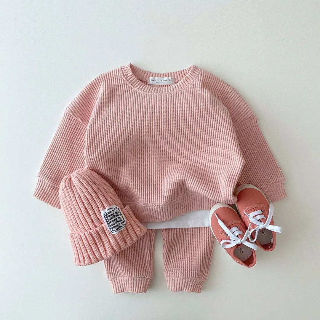 Waffle Cotton Kids Loose Tracksuit Pullovers Tops+Pants 2PCS Set