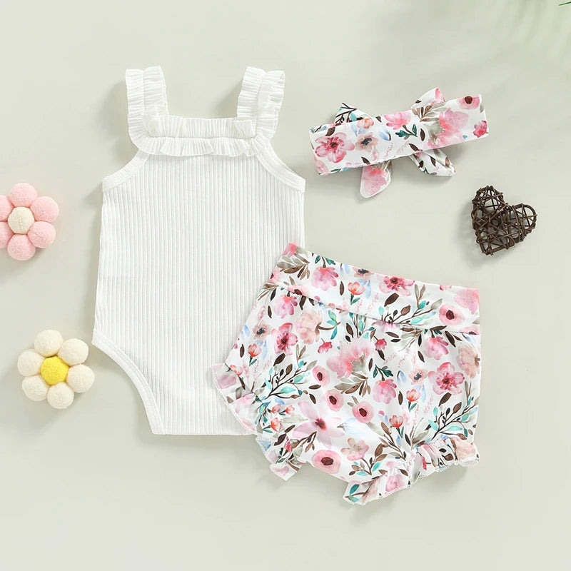 Baby Girls Shorts Set Sleeveless Romper Flower/Rainbow/ Print Shorts Hairband