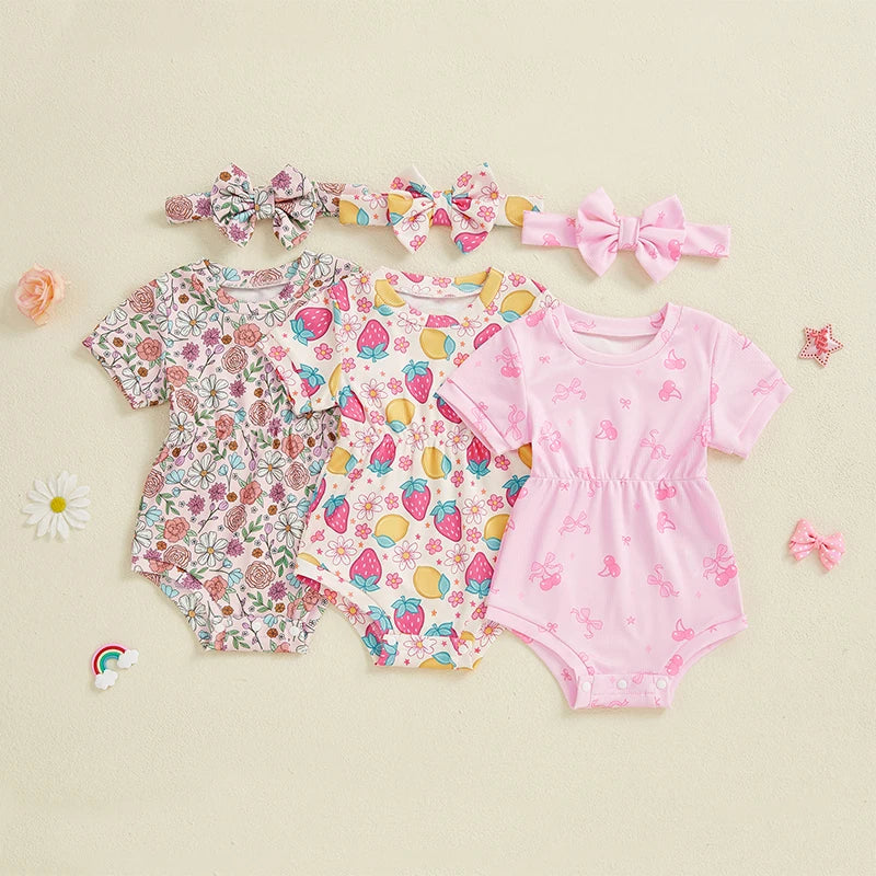 Ribbed Romper Floral/Bow/Strawberry Short Sleeve Bodysuit with Bow Headband