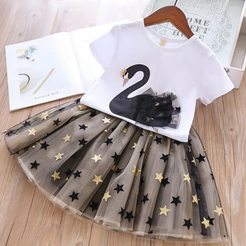 Swan T-Shirt+Sequin Skirts 2Pcs Outfits