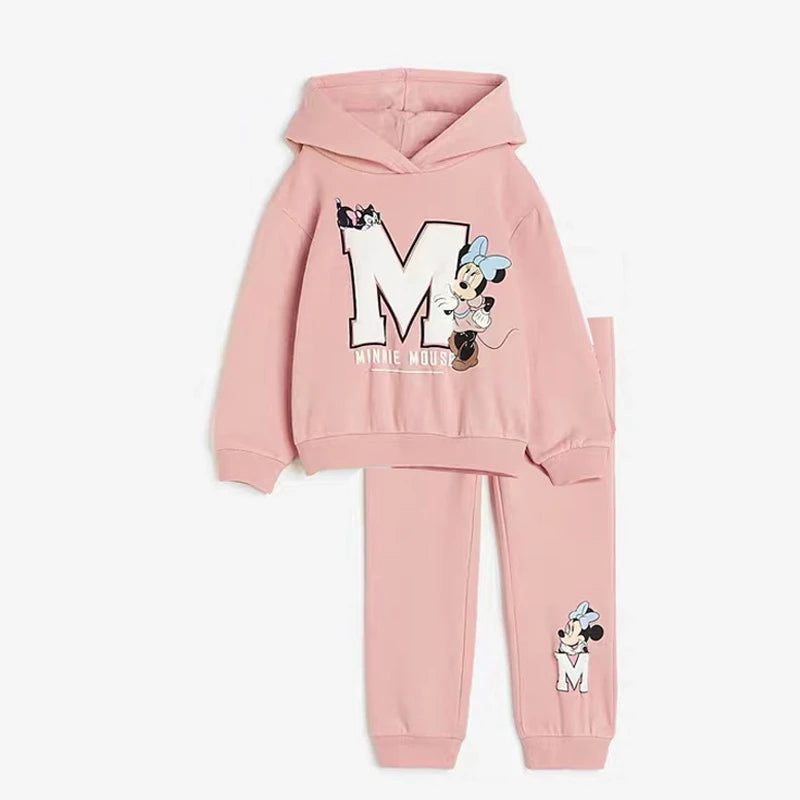 Minnie And Mickey Full Print Hooded Tops Solid Color Two-piece Cartoon Sweatshirt+Pants