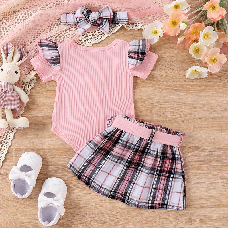 Short Sleeve Bunny Romper with Belted Plaid Skirt