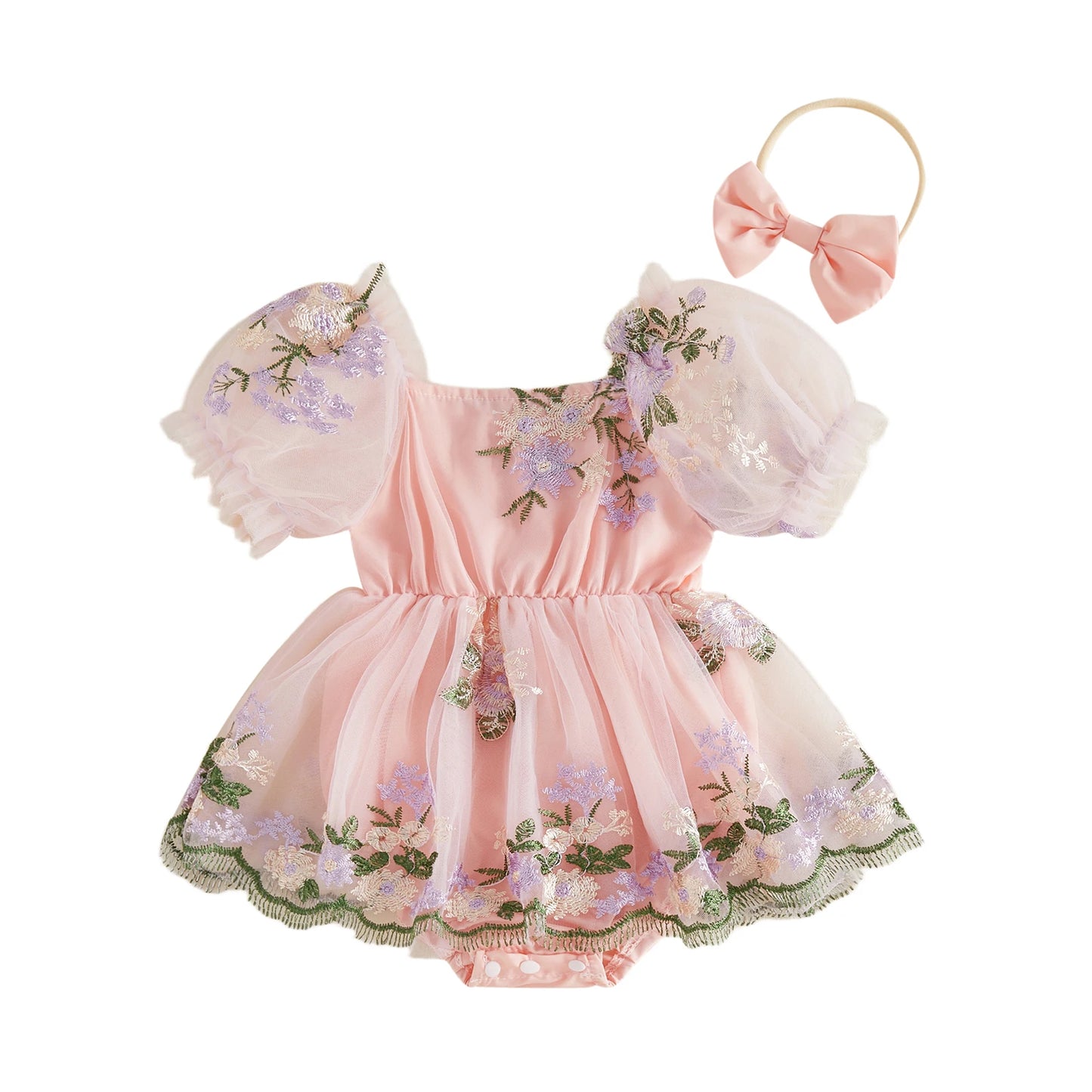 Baby Girl Summer Outfits Flower Embroidered Mesh Short Sleeve Romper Dress and Bow Headband 2 Pcs Set 0-24M