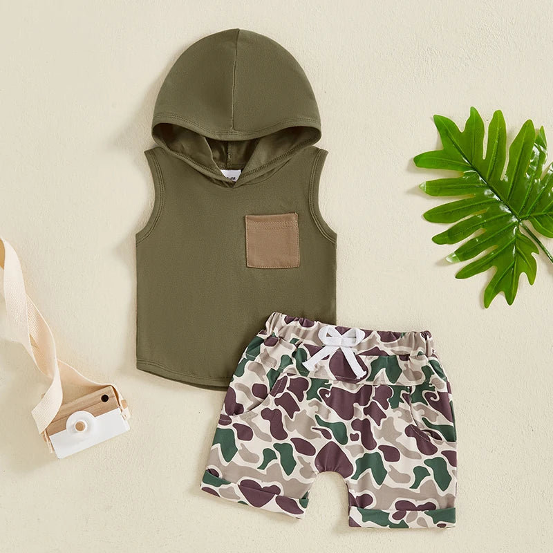 Pocket Hooded Sleeveless Tank Tops + Camouflage Elastic Waist Shorts set