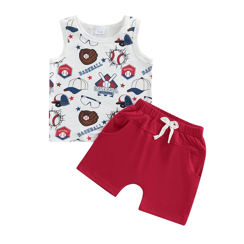 Boy Outfits Beach/Baseball Print Sleeveless Tank Tops and Elastic Shorts Set