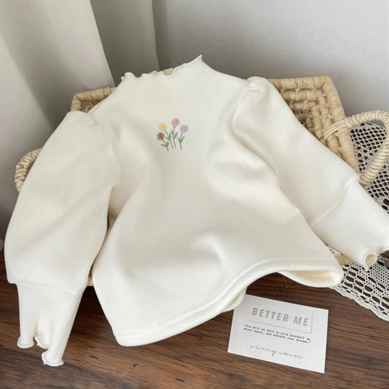 Kids Warm Thickening Sweater Puff Sleeve Flower Embroidery