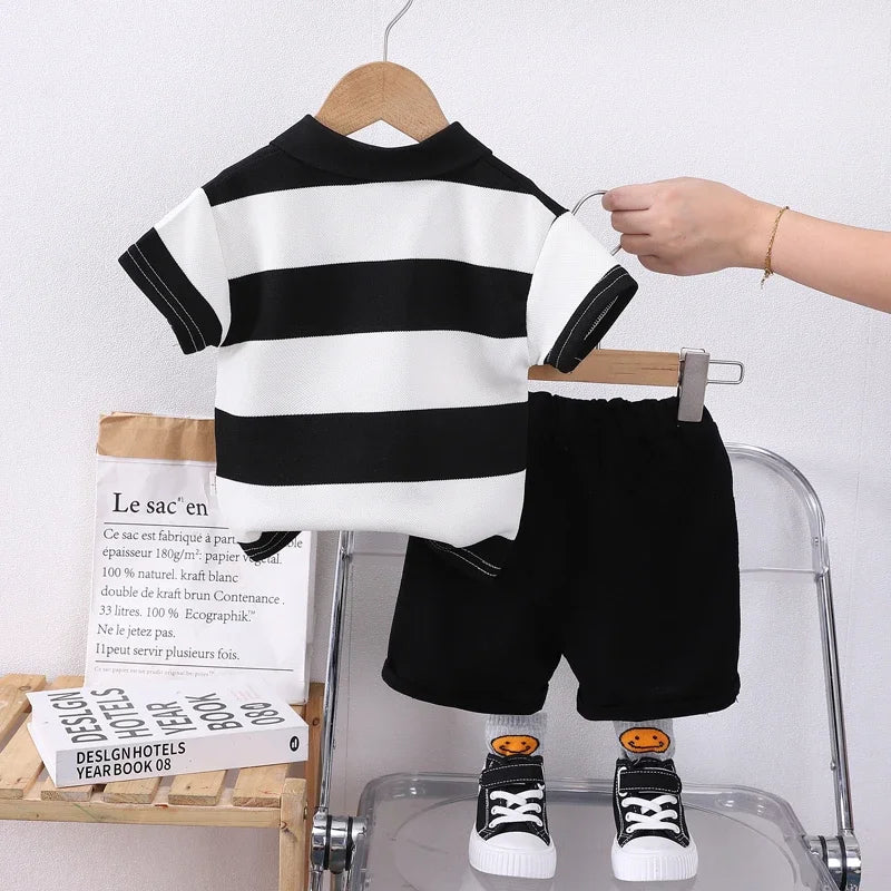 0-4 year old boy POLO shirt set, baby boy stripe short sleeved summer T-shirt+2 shorts Boys' lapel striped short sleeved