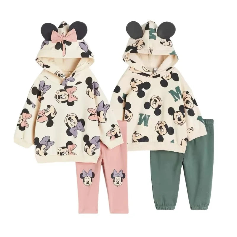 Minnie And Mickey Full Print Hooded Tops Solid Color Two-piece Cartoon Sweatshirt+Pants