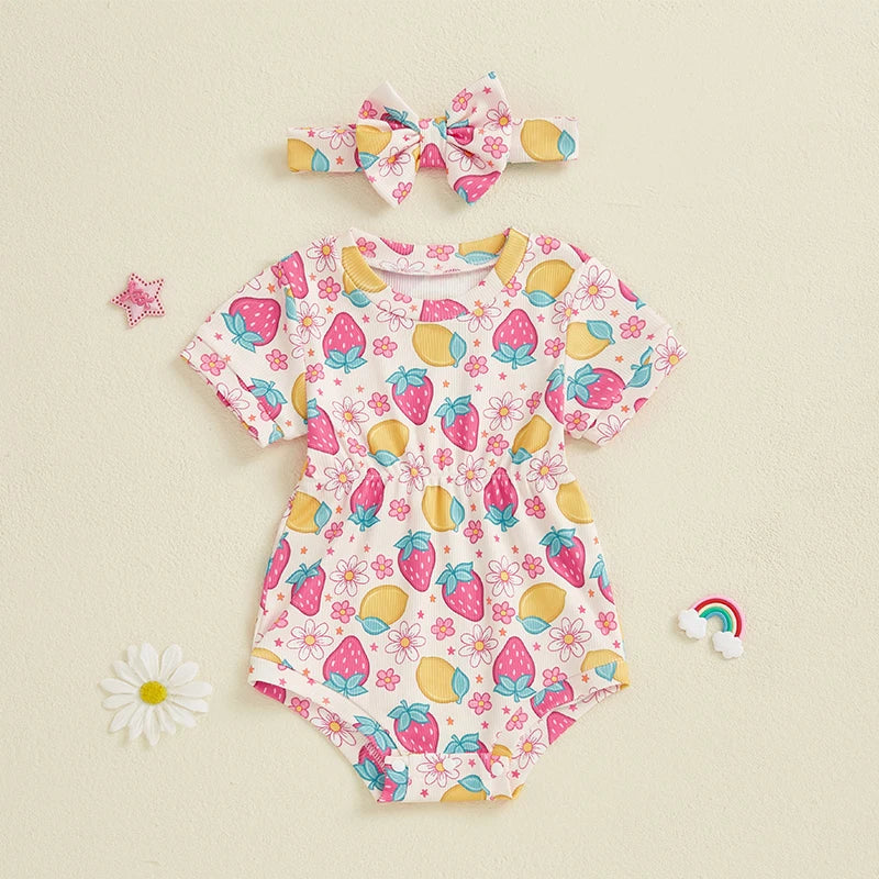 Ribbed Romper Floral/Bow/Strawberry Short Sleeve Bodysuit with Bow Headband