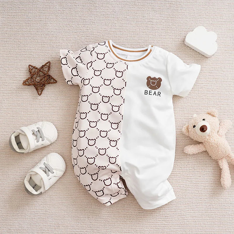 Cute Cartoon Teddy Bear Summer Apricot Short Sleeved Jumpsuit