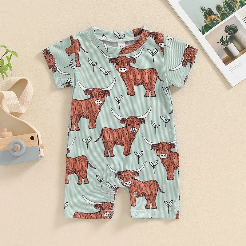 Short Sleeve Crew Neck Cow Head Print Romper