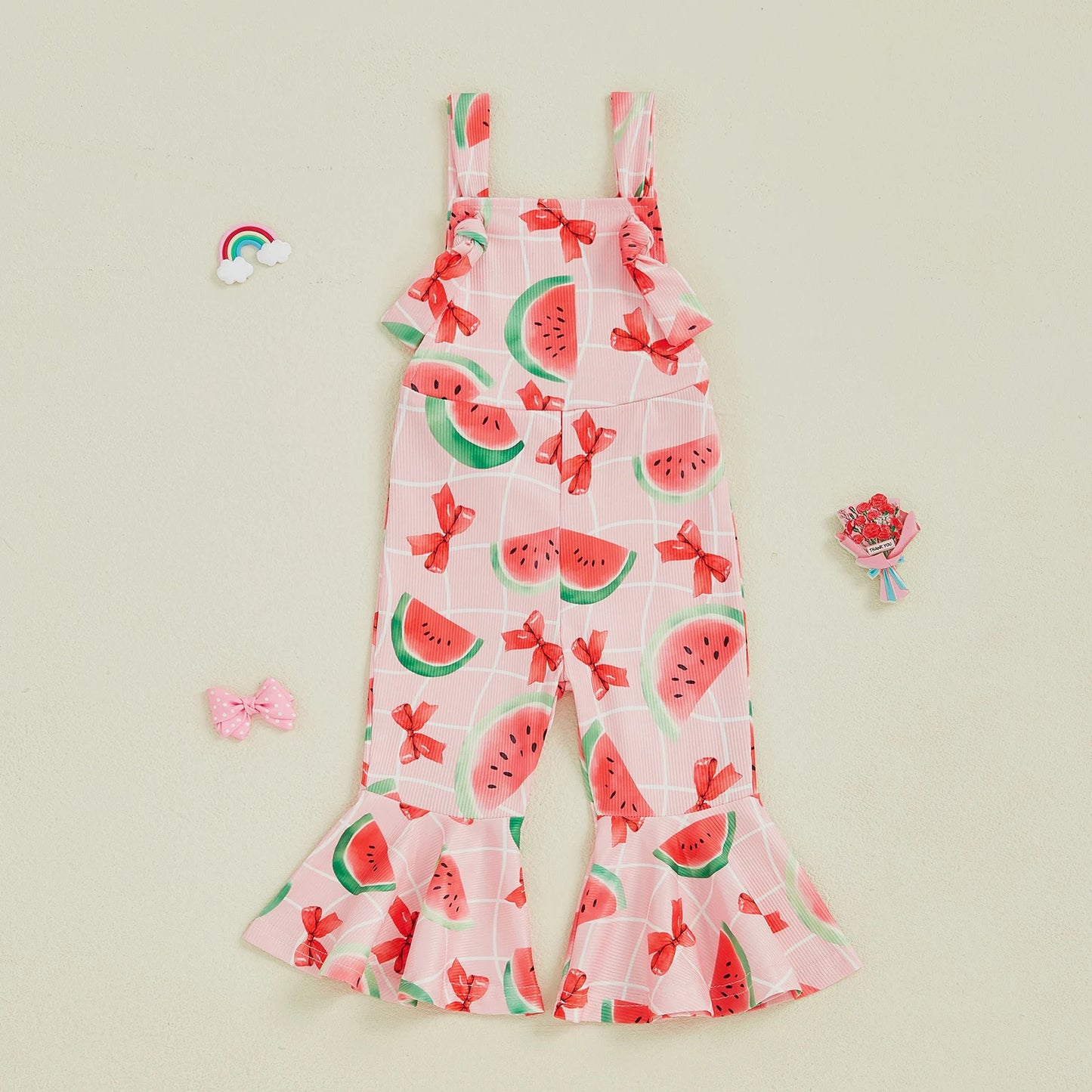 Bell-Bottom Jumpsuit Bow/Watermelon/Strawberry Square Neck