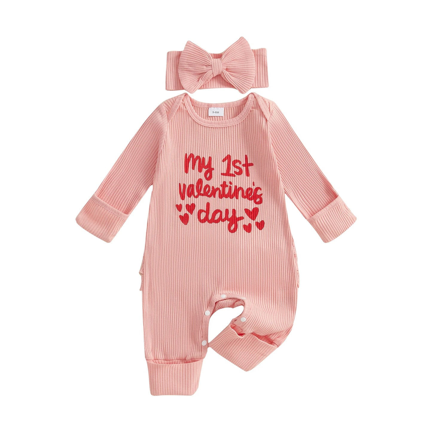 Baby Girl Long Sleeve Letters Heart Print Jumpsuit with Bowknot Headband