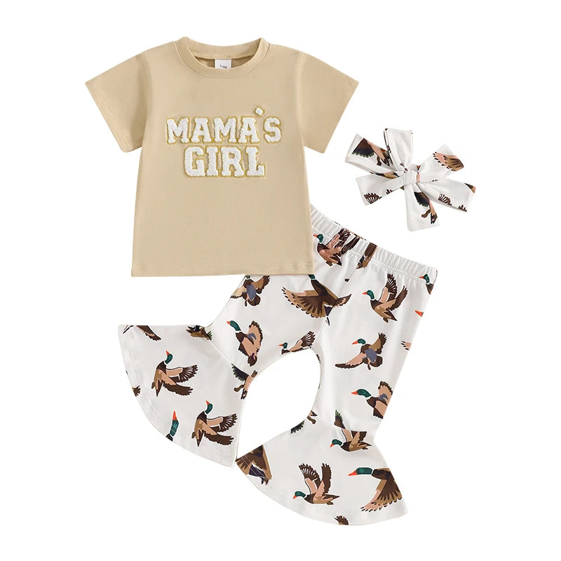 Girl Summer Outfits Letter Embroidery T-Shirts Animal Print Flare Pant Headband
