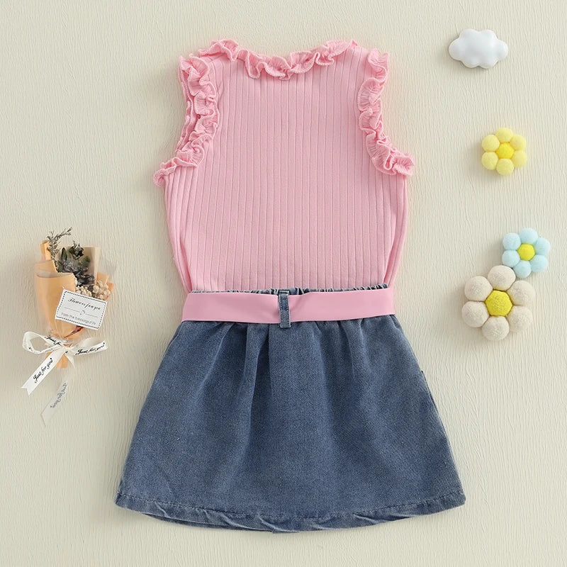 Solid Color Ruffles Tank Tops and Button Denim Skirt with Belt Set